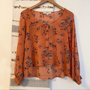 FOREVER 21 Orange Sheer High Low Floral Blouse S